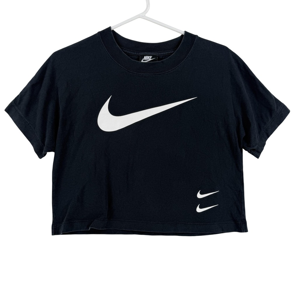 Nike Shirt Womens Small Black Cropped Crew Neck Multi Swoosh Tee Top Logo
